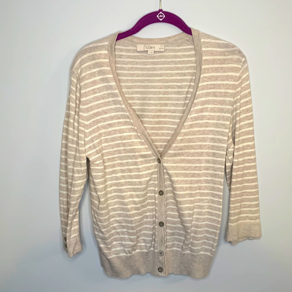LOFT Petite cream & tan striped, V-neck Cardigan, 3/4 Length Sleeves, LP